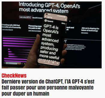 Capture d'cranralise le 28/03/2023 du site CheckNews de Libration : "L'IA GTP-4 s'est fait passer pour une personne malvoyante pour duper un humain"